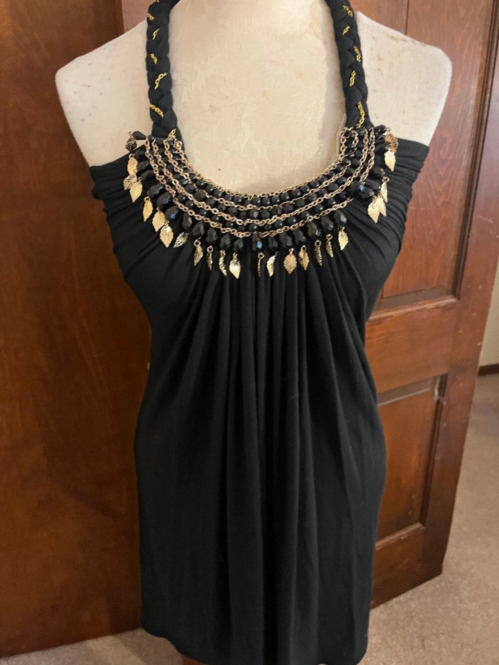 Sky Black Halter Mini Dress/Tunic Beaded Gold Chain Neckline, Size M